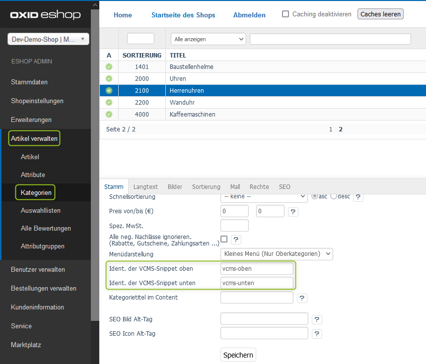 OXID-Backend: Kategorien mit VCMS-Inhalten