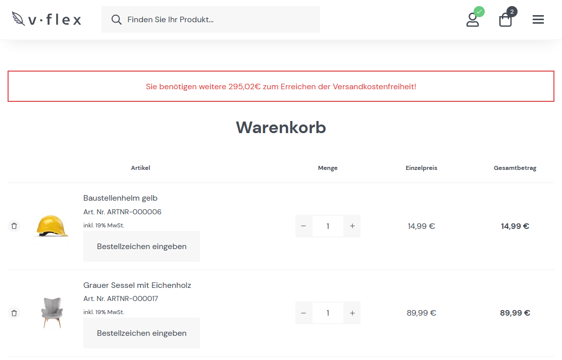 Meldung für Kunde im Shop