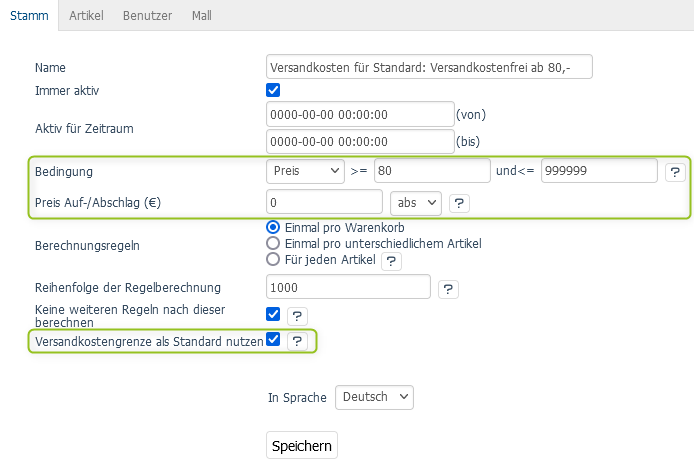 Versandkostenregel definieren