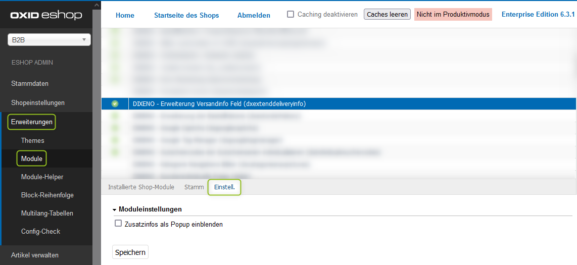 Modul-Einstellungen für Versandinfos)