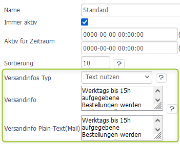 VCMS-Seite für die Versandinfo nutzen