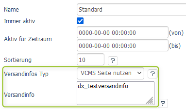 VCMS-Seite für die Versandinfo nutzen
