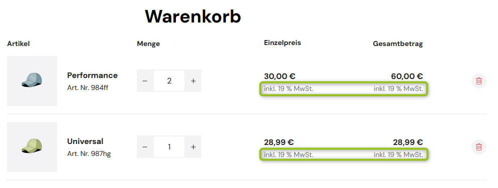 Mehrwertsteuer bei Artikel