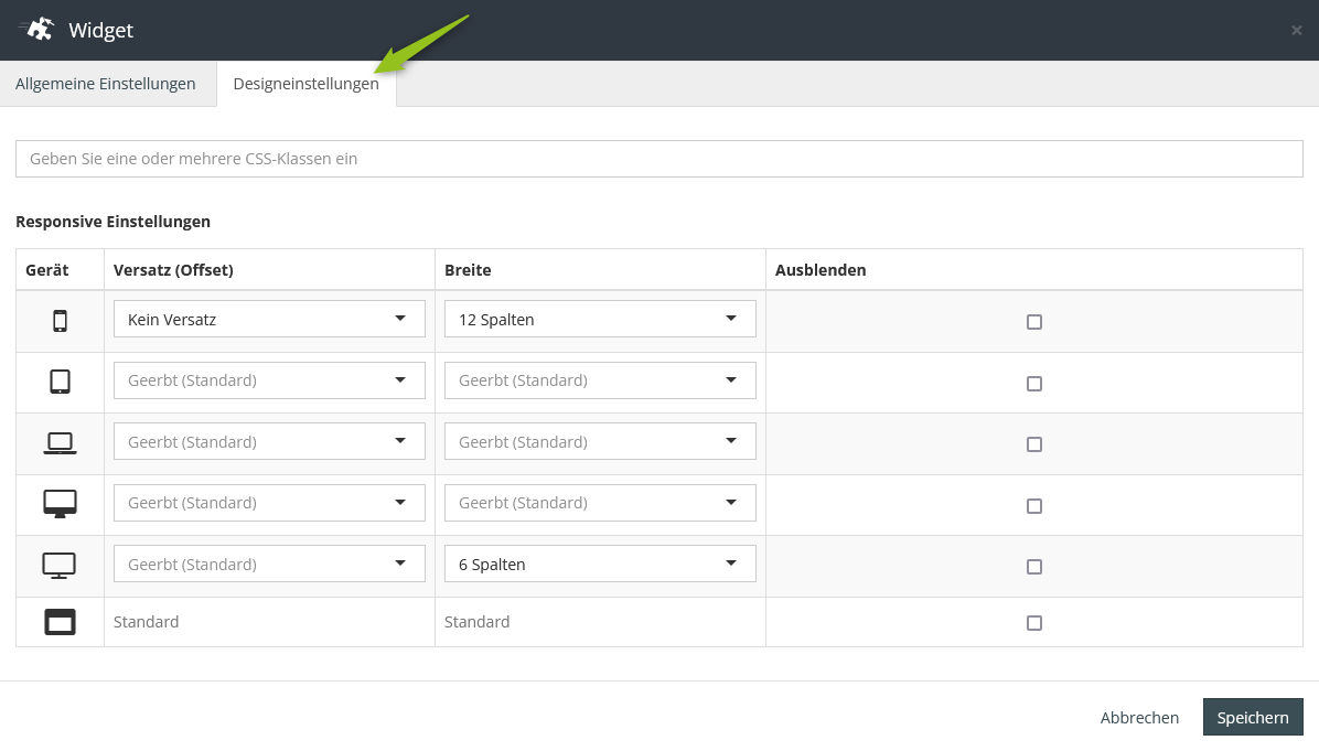 Designeinstellungen bei Widgets