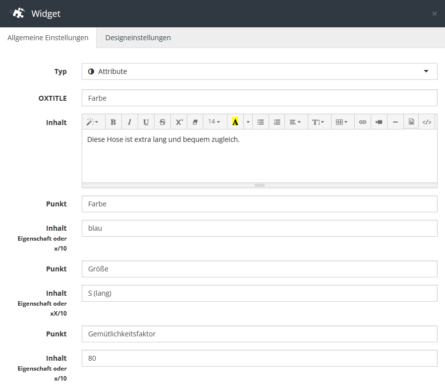 Widget Attribute Einstellungen