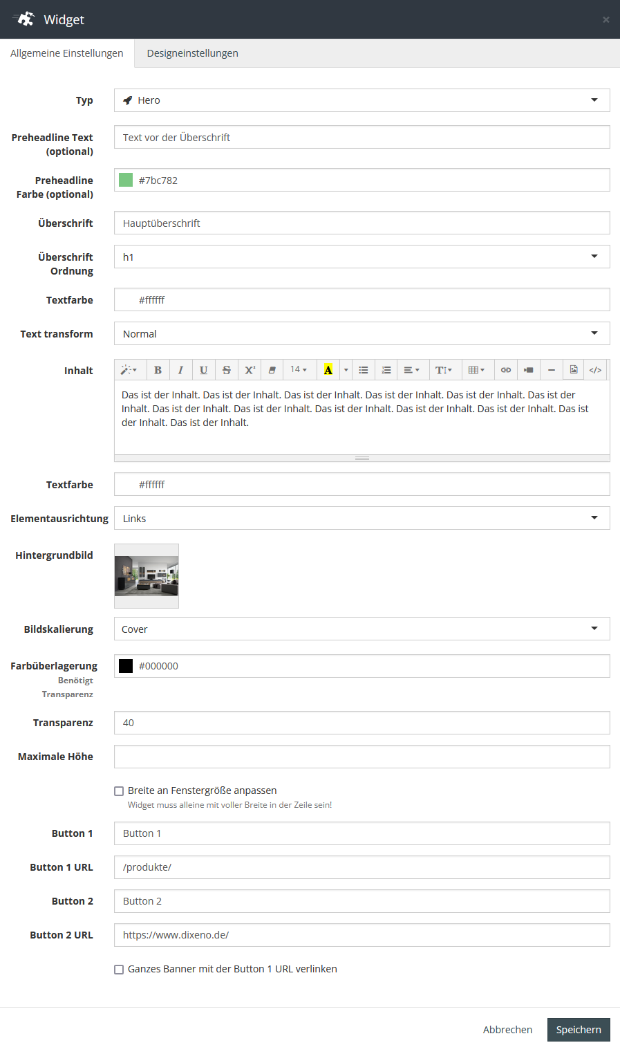 Widget Hero Einstellungen