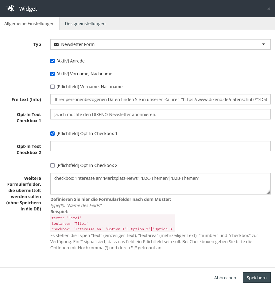 Widget Newsletter Einstellungen