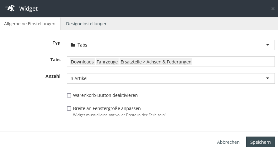 Widget Tabs Einstellungen