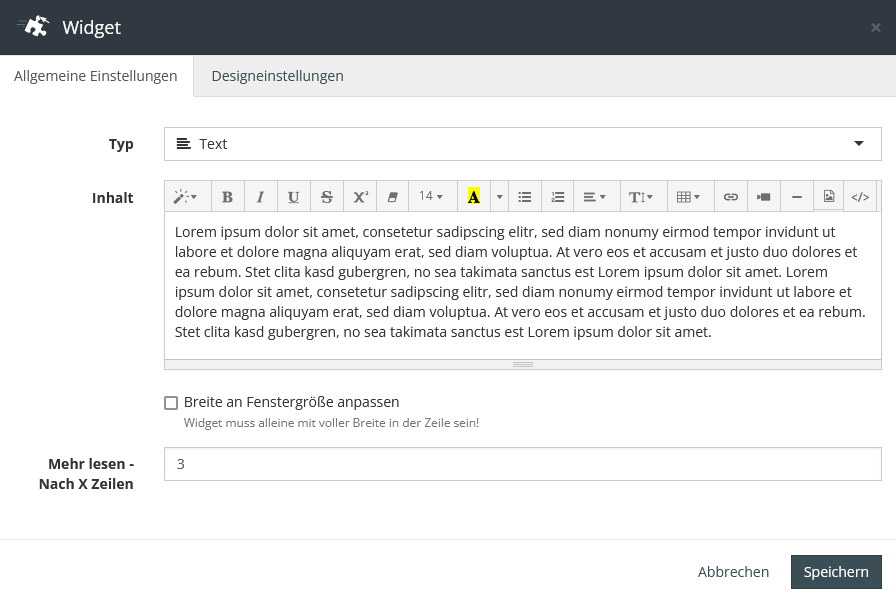 Widget Text Einstellungen