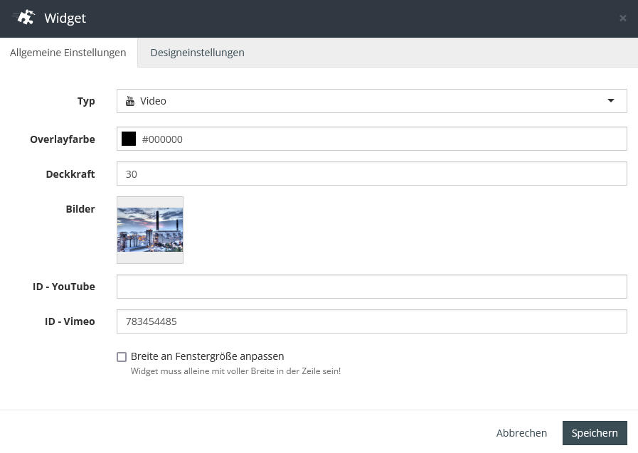 Widget Video YouTube Einstellungen