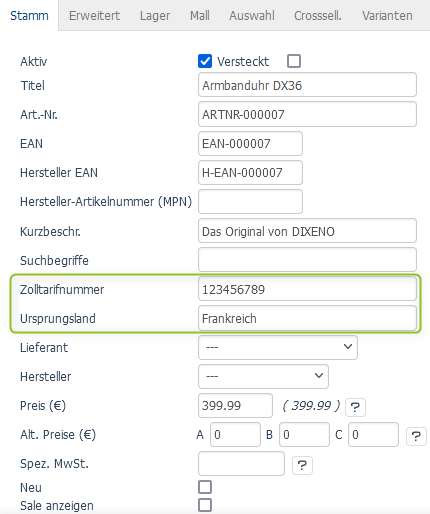 Einstellung zum Festlegen der Zolltarifnummer und des Ursprungslandes